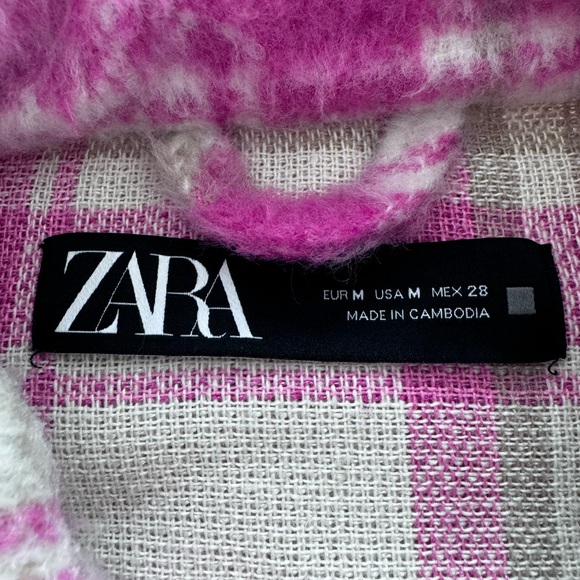 Zara Cropped Plaid Shacket Overshirt Jacket Pink White - Picture 5 of 5